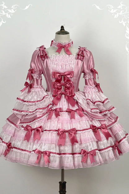 Rose Velvet Cake Long Trumpet Sleeves Multi Ruffle Bow Lace Sweet Lolita Dress