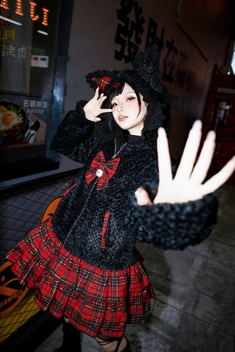 Night Cat Plaid Hooded Sweet Lolita Skirt Coat - Noir