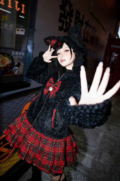Night Cat Plaid Hooded Sweet Lolita Skirt Coat - Noir