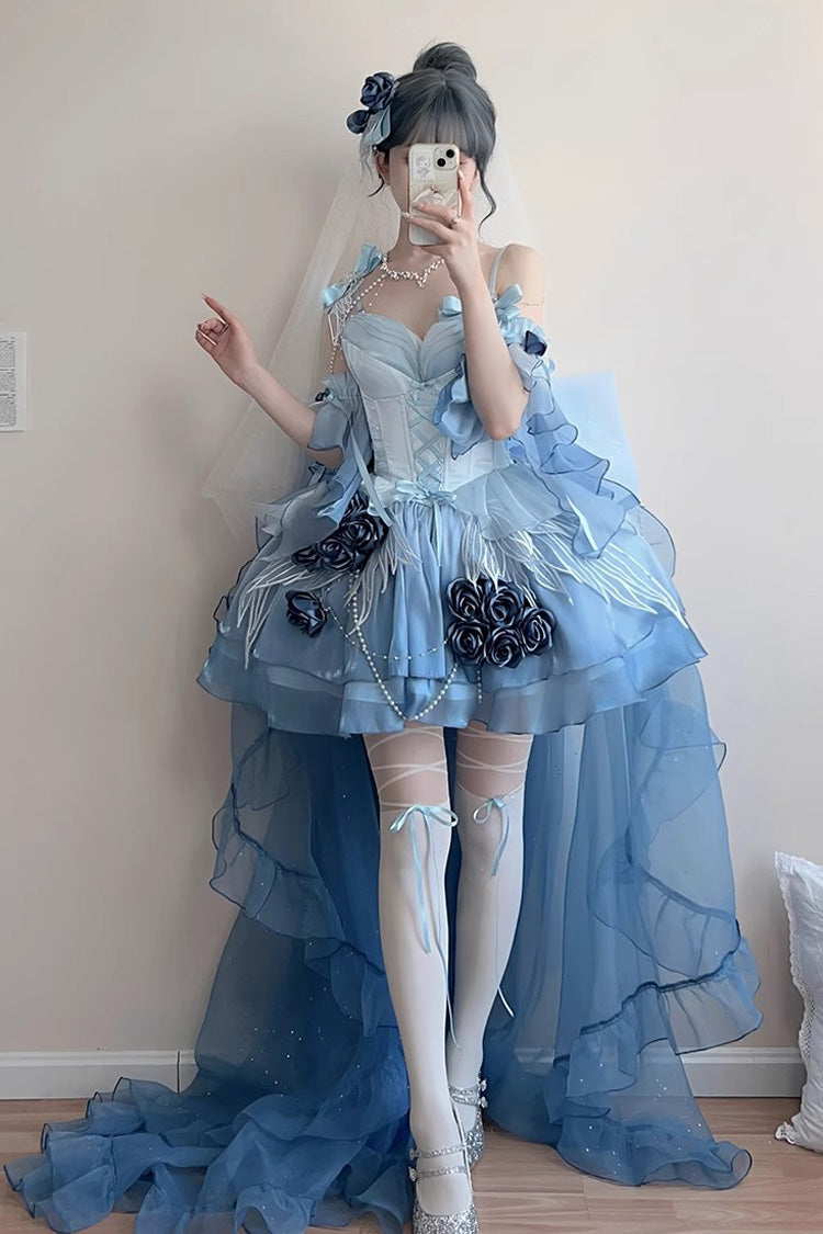 Sky Blue Sweet Ballet Lolita Swan Wonderland Embroidery Lace-Up Mini JSK Dress