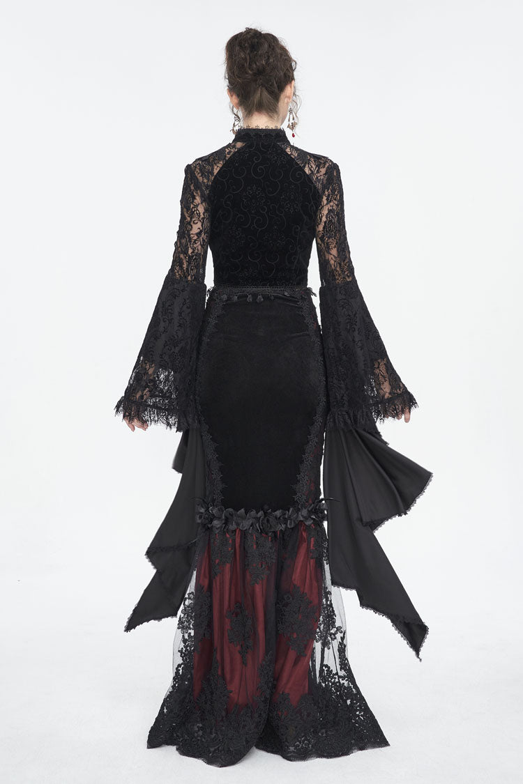 Women's Dark Blouse with Flared Sleeves and Lace Trim