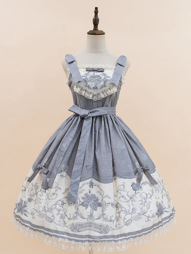 Gray Titmouse and Floral Print Lolita Jumper Skirt