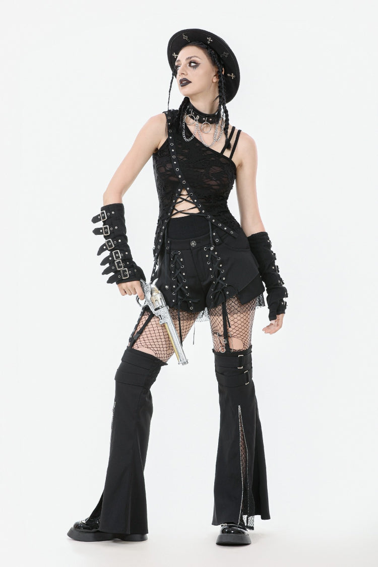 Asymmetric Hem Punk Top with Eyelet Lacing