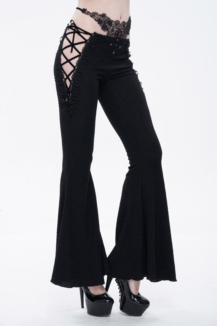 Gothic Flared Pants with Lace-Up Cutouts and Gems