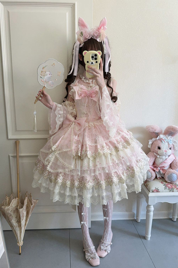 Pink Falling Rain Flowers Sleeveless Ruffle Embroidery Bow Sweet Chinese Style Lolita Jsk Dress