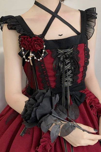 Red Gothic Lolita Double-Layered Ruffle Stitching Lace JSK Dress