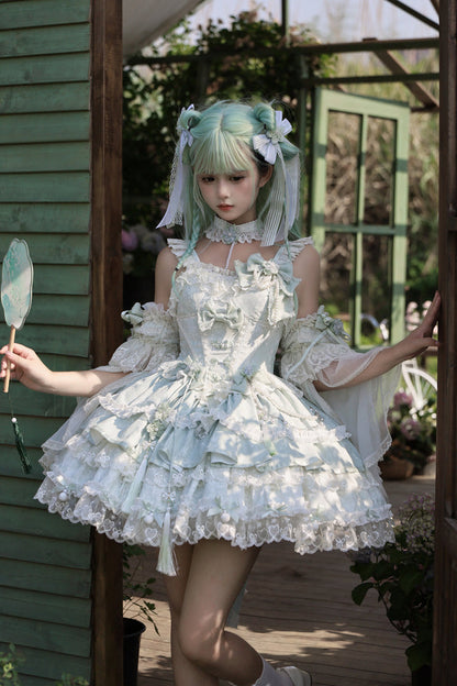 Emerald Prelude of Spring Cherry Square Collar Sleeveless Jacquard Ruffled Bow Lace Pearl Lolita JSK