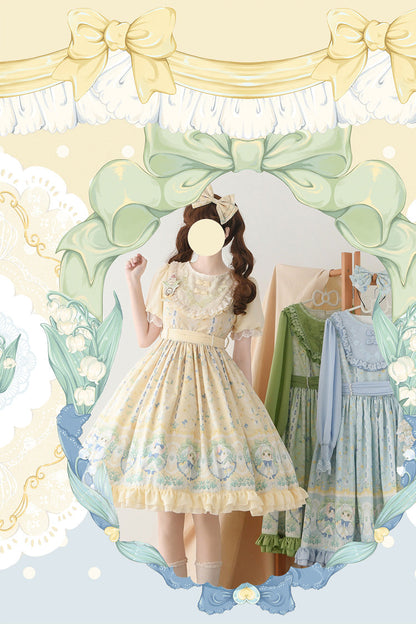 Lily of the Valley Cat Print Ruffle Embroidered Bowknot Sweet Lolita Dress in Beige
