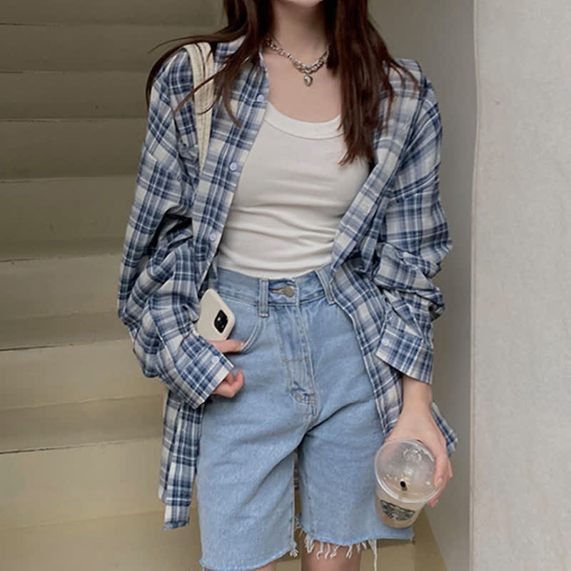 Chemise à manches longues et revers avec poche et imprimé écossais bleu