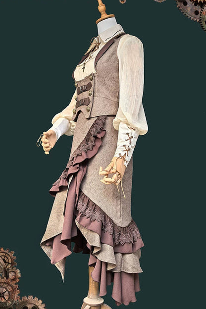 Coffee Brown Traveler Sleeveless Asymmetrical Ruffle Punk Lolita Skirt Set