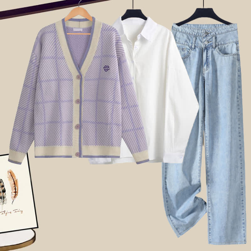 Purple Lapel Set Plaid Cardigan Pants Denim Shirt