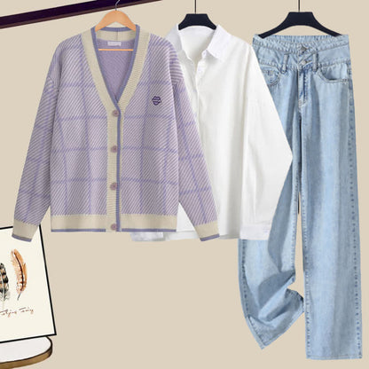 Purple Lapel Set Plaid Cardigan Pants Denim Shirt