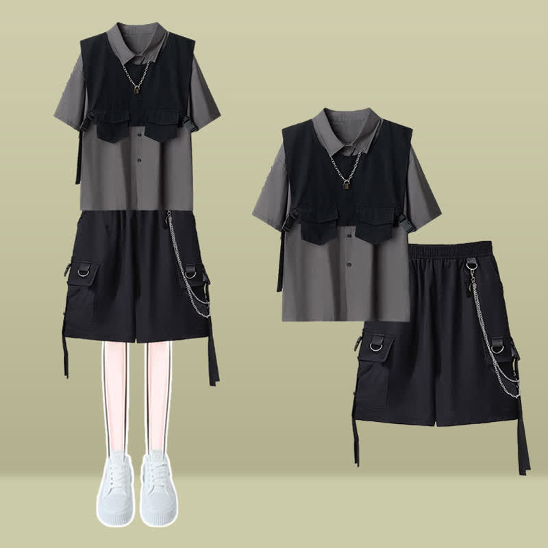 Vest Black Buckle Chain Pants Pocket Cargo T-Shirt Shorts