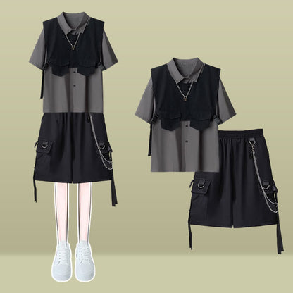 Vest Black Buckle Chain Pants Pocket Cargo T-Shirt Shorts