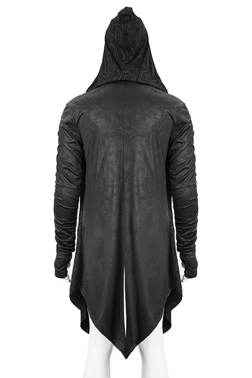 Men's Punk Knit Long Coat with Hood Wrinkled Sleeves Circuit Print