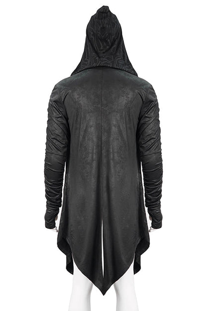 Men's Punk Knit Long Coat with Hood Wrinkled Sleeves Circuit Print