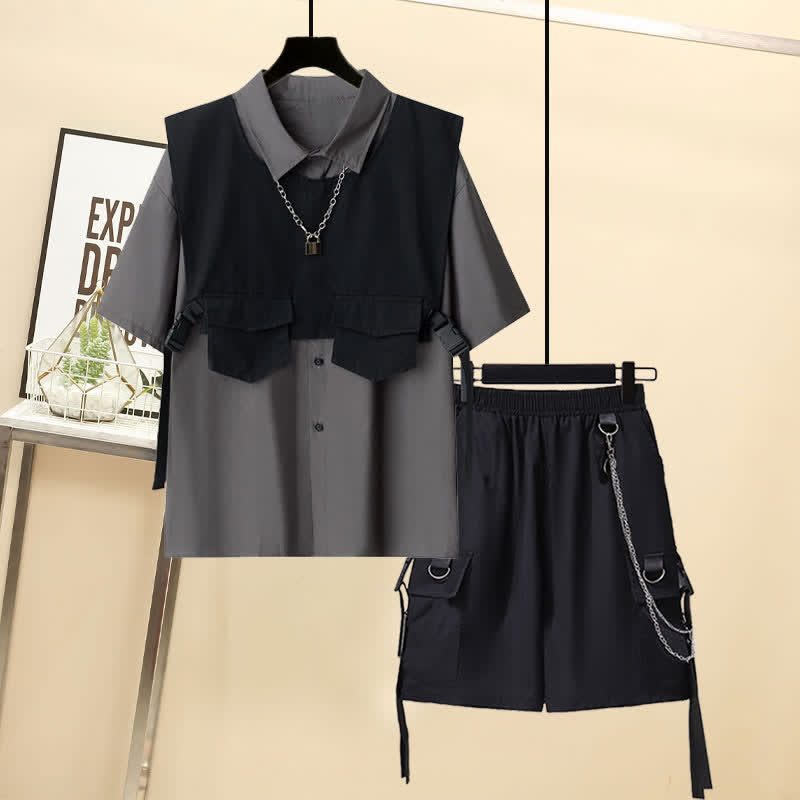 Black Buckle Pocket Vest T-Shirt Chain Cargo Shorts Pants modakawa