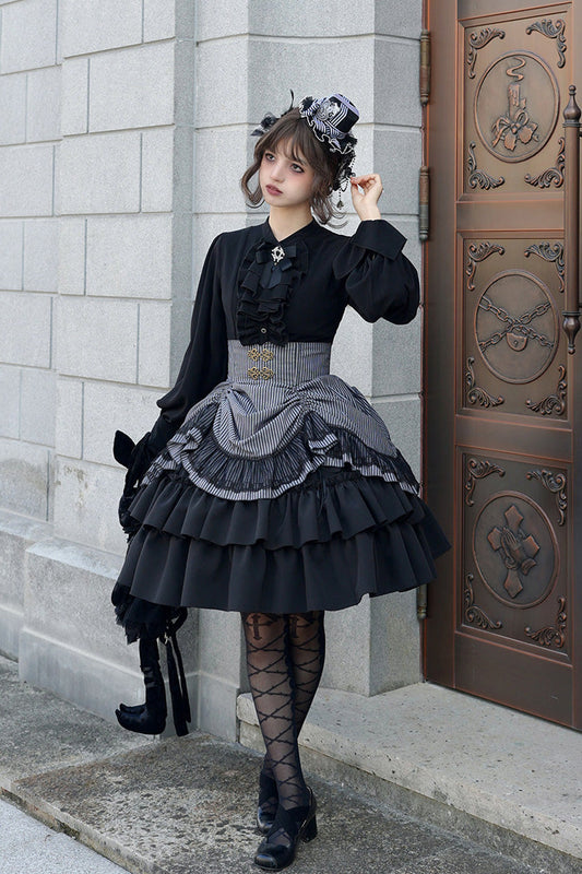Black Point Manor Multi-Striped Print Ruffled Bow Hem Gothic Lolita Skirt