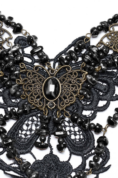 Beaded Butterfly Black Asymmetric Punk Necklace Women's