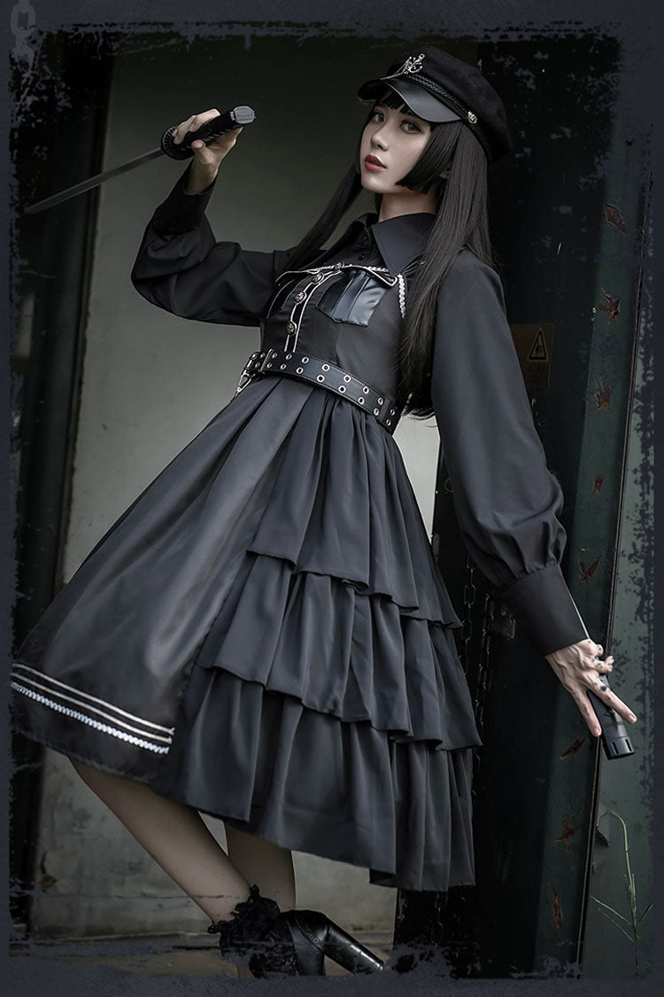 Dark V-Neck Military Lolita JSK Dress with Rivets and Epaulettes