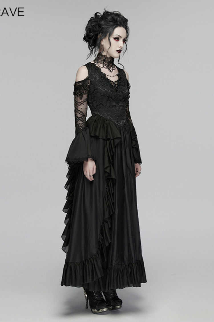 V Collar Trumpet Sleeve Double-Layered Hanayome Cut-Out Lace Lace-Up Pearl Pleated Gothic Palace Dress