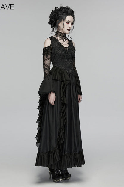 V Collar Trumpet Sleeve Double-Layered Hanayome Cut-Out Lace Lace-Up Pearl Pleated Gothic Palace Dress