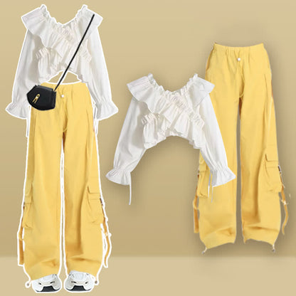 Shirt Pocketed Sleeve Puff Cargo Pants Crop Loose