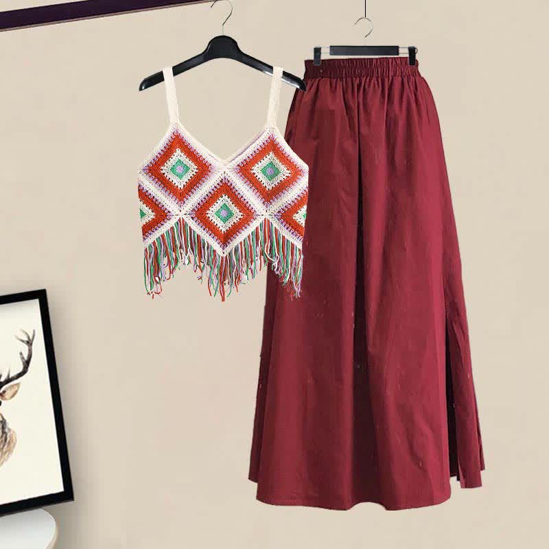 Roter Boho-Schal-Wickelrock mit Fransen und hoher Taille