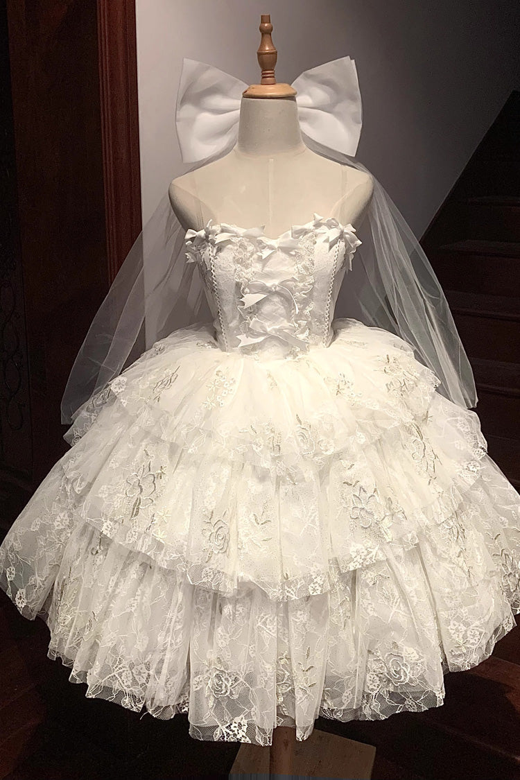 White Short-Sleeved Multi-Layer Printed Hanayome Bow-Trim Sweet Princess Lolita Strapless Dress