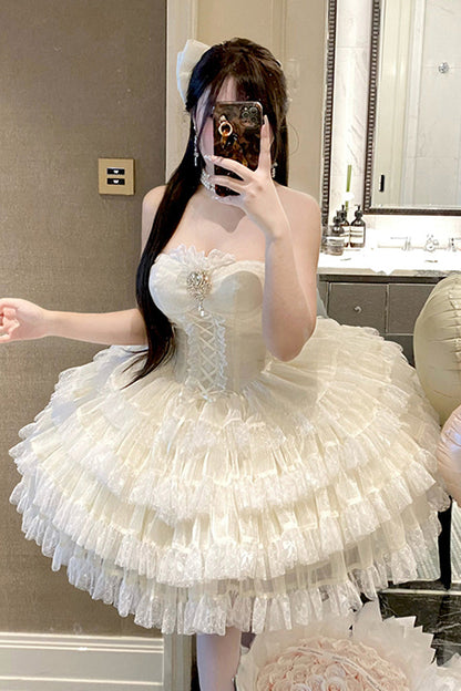 Heartbeat at First Sight Off-Shoulder Sleeveless Multi-Layered Ruffle Bowknot Lace Lace-Up Sweet Princess Gorgeous Lolita Dress in Beige