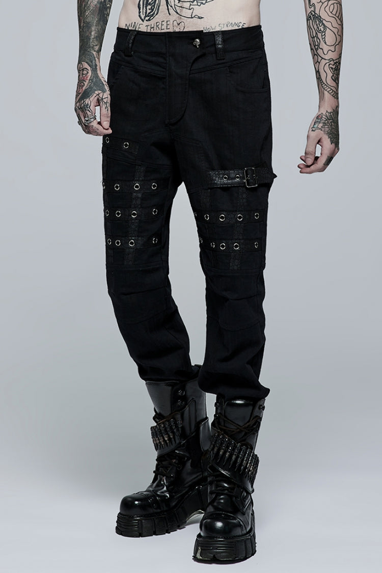 Steampunk Men's Trousers with Faux Leather Stitching and Metal Buttonhole