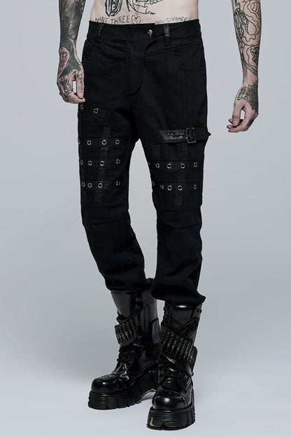 Steampunk Men's Trousers with Faux Leather Stitching and Metal Buttonhole