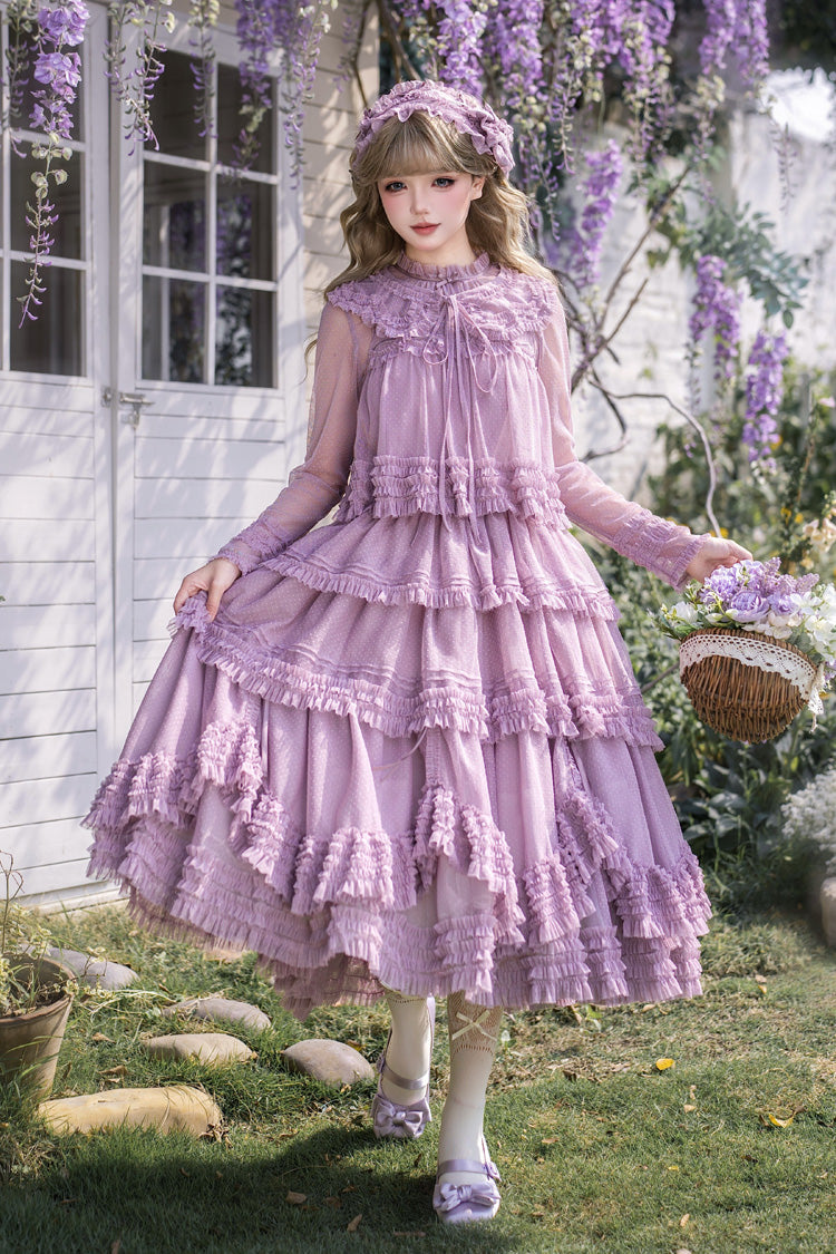 Sweet Stand Collar Long Sleeve Multi Layer Ruffle Color Block Lolita Tiered Dress 14 Colors