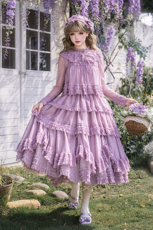 Sweet Stand Collar Long Sleeve Multi Layer Ruffle Color Block Lolita Tiered Dress 14 Colors