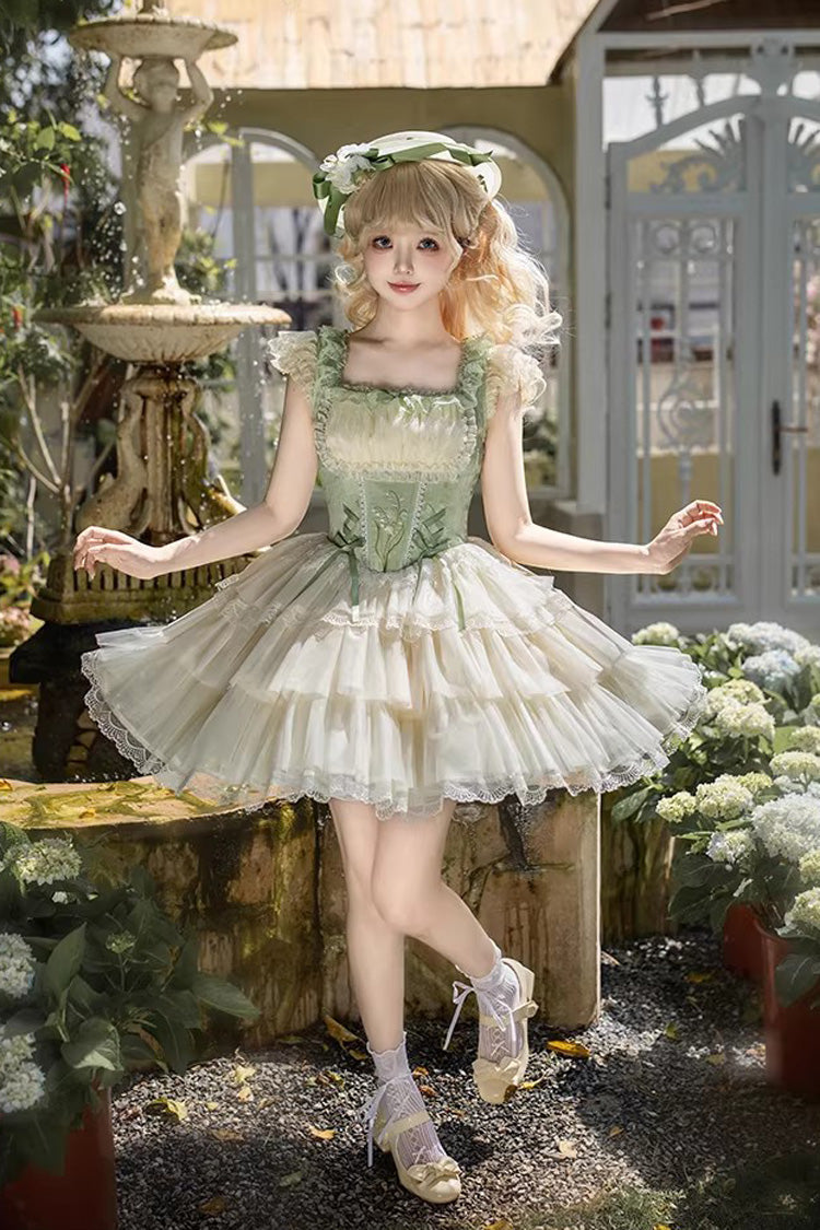 Fishbone Embroidered Sweet Lolita Jumper Dress - Green Letters & Poems