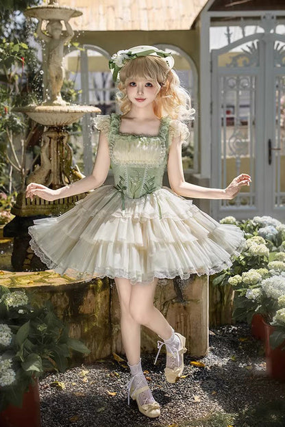 Fishbone Embroidered Sweet Lolita Jumper Dress - Green Letters & Poems
