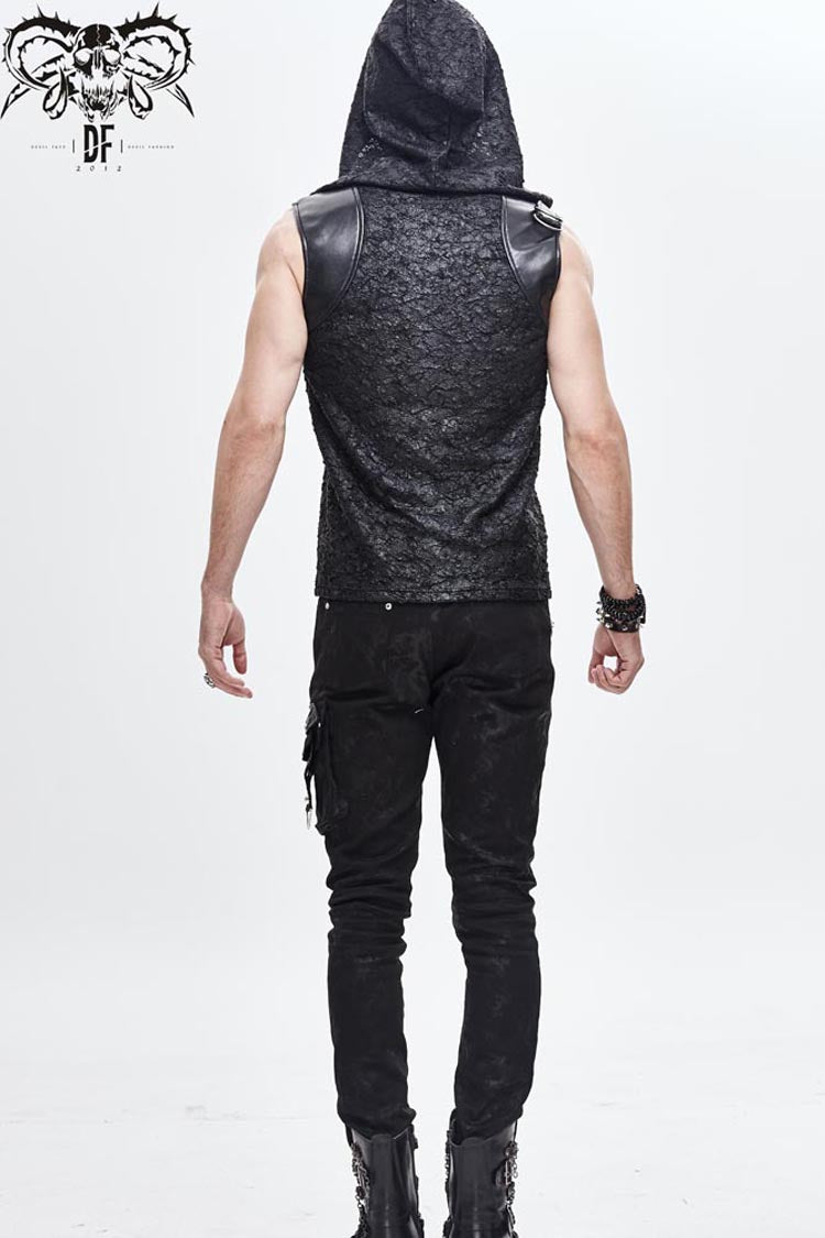 Men's Punk Knit Vest with Hood Tattered Chest Lace-Up Metal Buckle