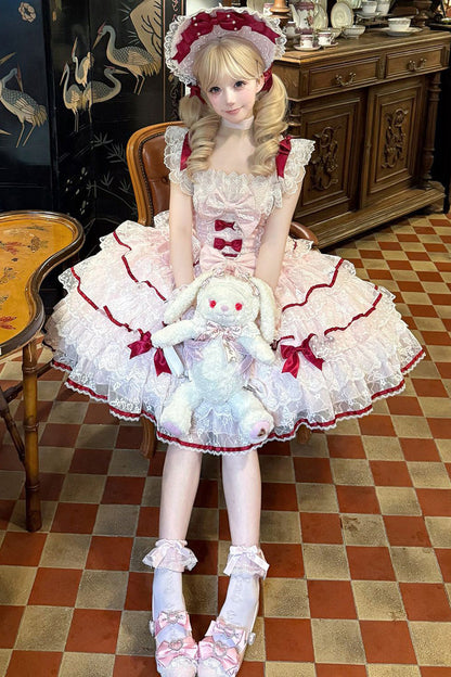 Rose Moon Tide Butterfly Call Sleeveless Layered Ruffle Bow Lace Sweet Lolita JSK Dress