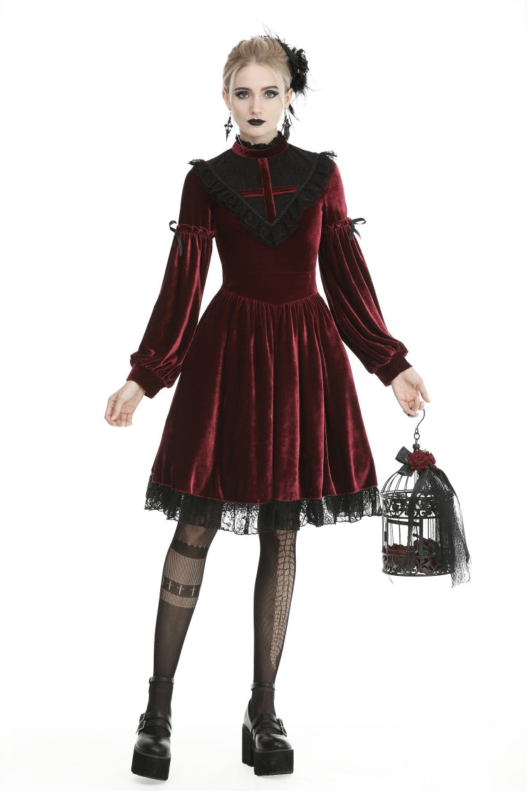 Vintage Long Sleeve Lace Collar Cross Gothic Velvet Dress for Women
