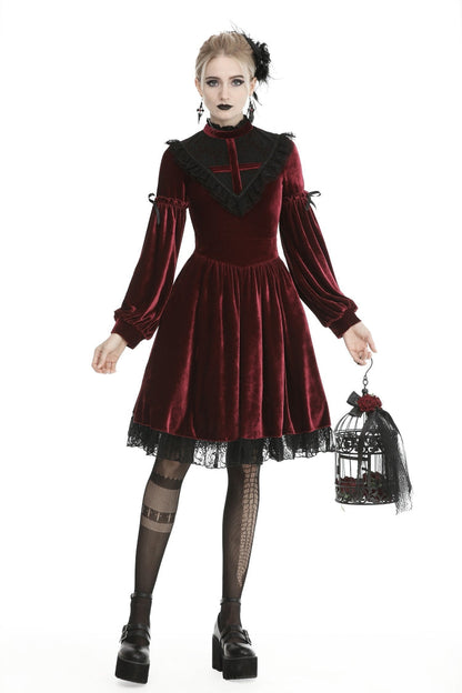 Vintage Long Sleeve Lace Collar Cross Gothic Velvet Dress for Women