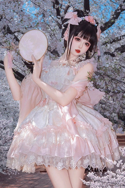 Pink Floral Ruffle Embroidered Bow Chinese Elegant Lolita Jumper - Lyrics in the Midst of Flowers