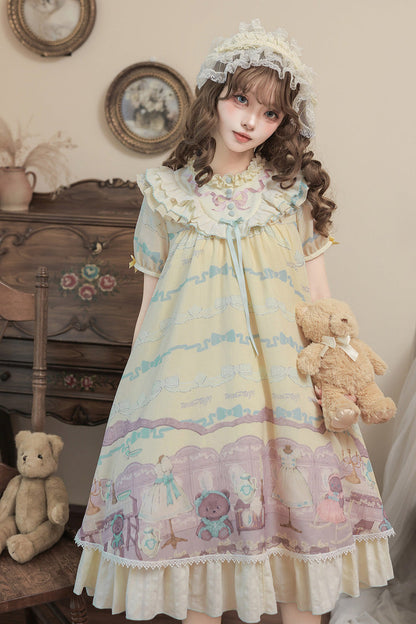 Sunny Short-Sleeve Bear Printed Ruffled Bow Dress Ensemble