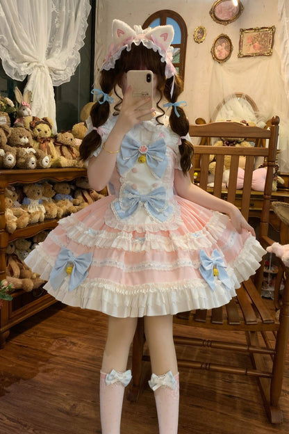 Rose Meowling Sweet Maid Sleeveless Layered Ruffle Bow Lace Princess Sweet JSK Dress