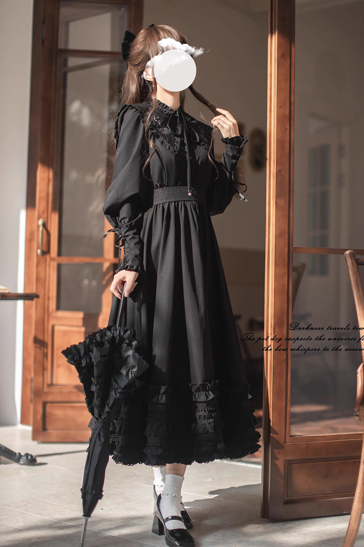 Long-Sleeved Gothic Vintage Elegant Dress with Ruffled Embroidery - Wind Kissed Tulips