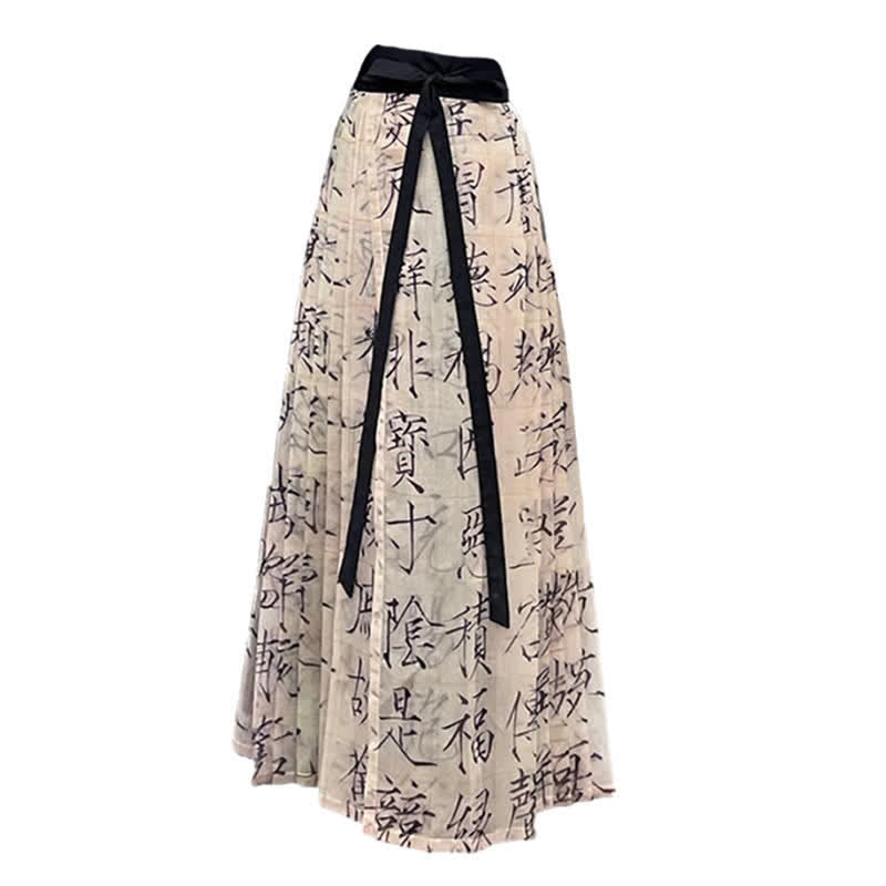 Plissierter Hanfu-Rock mit Vintage-Charakter-Print und Schnürung