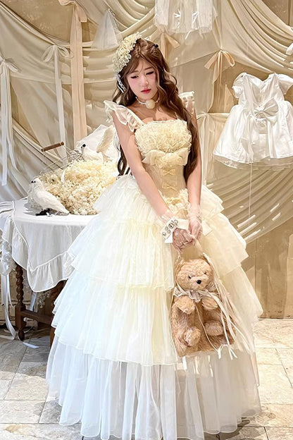Mousse Serenade Triple-Layered Ruffled Hanayome Bow Lace Sweet Princess Lolita Strapless Dress in Beige