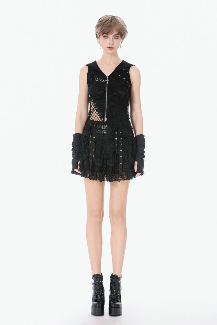 Hooded Punk Top with Ripped Mesh and Eyelets
