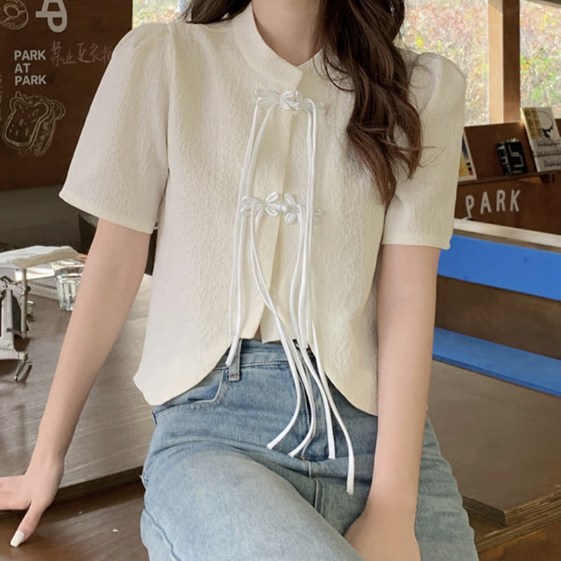 Elegant Buckle Puff Sleeve Loose T-Shirt