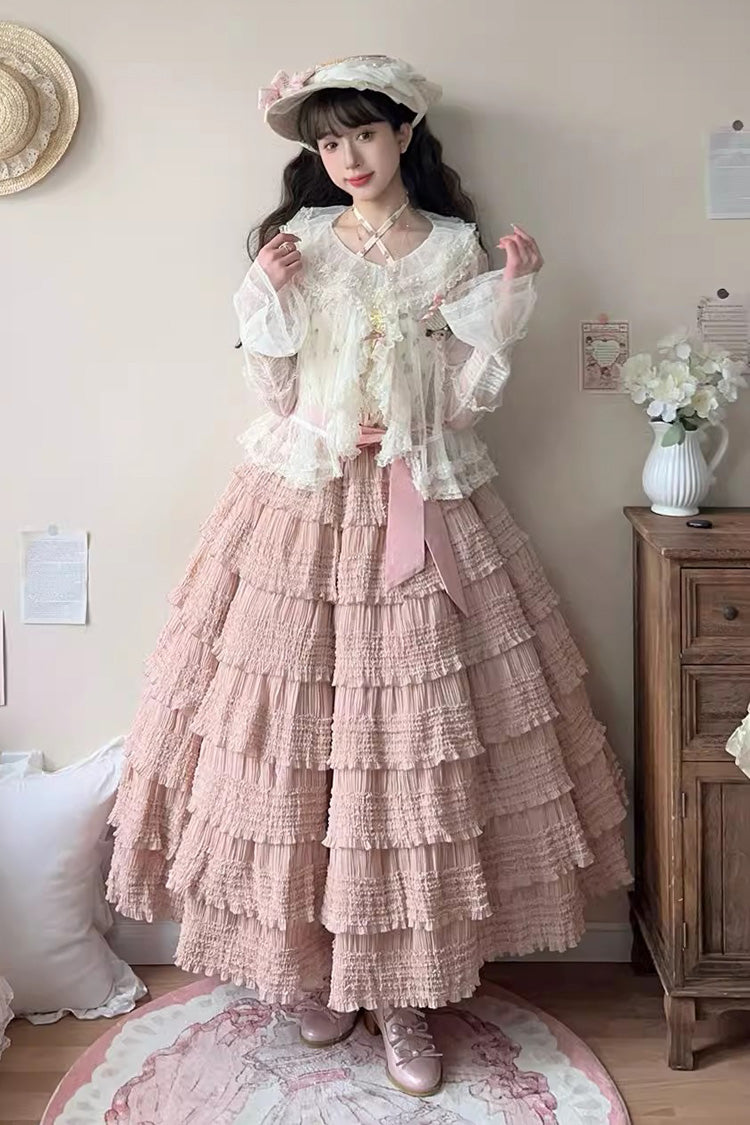 Rose-Embellished Layered Ruffled Lolita Skirt in Three Tones