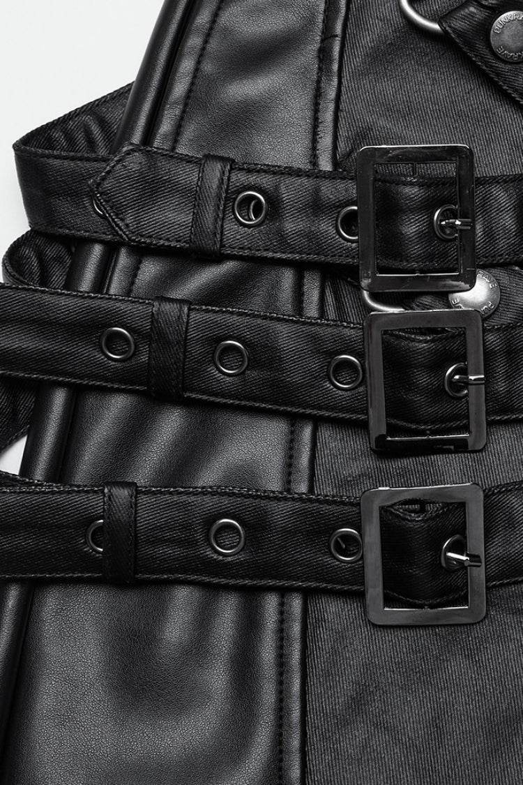 Punk Trousers with Buckle Straps and Mesh Accents